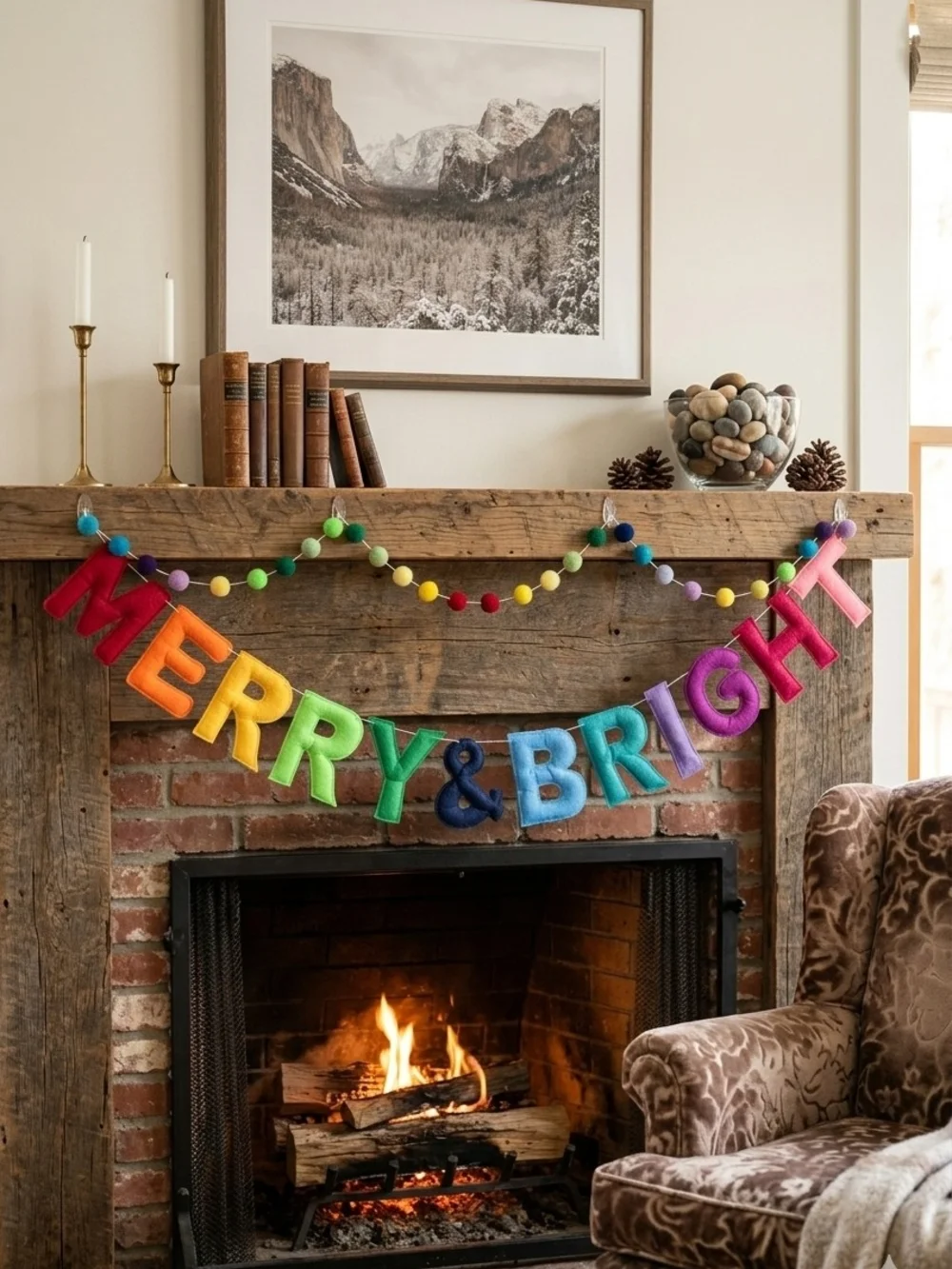 Merry & Bright Rainbow Felt Letter Garland Multicolor Banner with Pom Pom Balls
